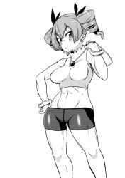 Rule 34 | 1girl, abs, bangle, bike shorts, bracelet, breasts, commentary request, drill hair, expressionless, feet out of frame, greyscale, hand on own hip, highres, himajin noizu, jewelry, looking at viewer, looking to the side, medium breasts, midriff, monochrome, navel, parted lips, pendant, simple background, solo, sports bra, standing, sweat, toned, touhou, twintails, white background, yorigami jo&#039;on