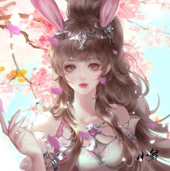 Rule 34 | 1girl, absurdres, animal ears, artist request, blue sky, brown hair, cherry blossoms, closed mouth, clothing cutout, collar, cross-section, douluo dalu, dress, expressionless, falling petals, hair ornament, hand up, highres, long hair, metal collar, petals, pink dress, rabbit ears, sky, solo, xiao wu (douluo dalu)