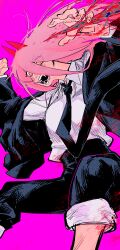 Rule 34 | 1girl, absurdres, black necktie, blood, carota327, chainsaw man, collared shirt, cross-shaped pupils, demon horns, falling, hair between eyes, highres, horns, long hair, necktie, open mouth, pink background, pink hair, power (chainsaw man), red horns, sharp teeth, shirt, solo, symbol-shaped pupils, teeth, white shirt, yellow eyes