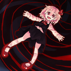 Rule 34 | 1girl, ascot, blonde hair, child, dress shirt, fangs, female focus, looking at viewer, mary janes, open mouth, outstretched arms, red eyes, rumia, shirt, shoes, short hair, skirt, skirt set, smile, socks, solo, spread arms, touhou, vest, white socks, yunuki uta