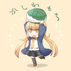 Rule 34 | artist request, black thighhighs, blonde hair, chibi, crescent, crescent pin, food, jacket, kantai collection, long hair, mochi, satsuki (kancolle), school uniform, serafuku, simple background, thighhighs, twintails, yellow eyes