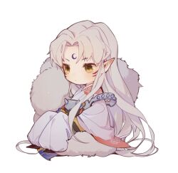 Rule 34 | 1boy, armor, chibi, crescent, crescent facial mark, facial mark, forehead mark, full body, fur shawl, grey hair, inuyasha, japanese clothes, kimono, knees up, lili3639, long hair, long sleeves, looking away, male focus, parted bangs, pauldrons, pointy ears, puffy pants, sash, sesshoumaru, shawl, shoes, shoulder armor, shoulder spikes, simple background, sitting, solo, spikes, very long hair, white background, wide sleeves, yellow eyes