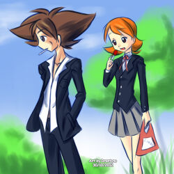 Rule 34 | 10s, 1boy, 1girl, 2012, bag, black jacket, black pants, bow, bowtie, breasts, brown eyes, brown hair, candy, cloud, collarbone, dated, digimon, digimon adventure, drantyno, food, food in mouth, grass, grey skirt, hands in pockets, holding, jacket, lollipop, long sleeves, miniskirt, mouth hold, october, open clothes, open jacket, open shirt, orange hair, pants, red bow, red bowtie, red eyes, school uniform, shirt, short hair, skirt, sky, small breasts, standing, takenouchi sora, tree, white shirt, yagami taichi