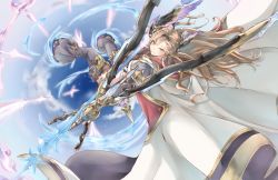 Rule 34 | 1girl, aiming, armor, arrow (projectile), blue sky, bow (weapon), brown hair, brown thighhighs, cloud, coat, coat on shoulders, feather hair ornament, feathers, frilled thighhighs, frills, granblue fantasy, green eyes, hair ornament, headgear, holding, holding arrow, holding bow (weapon), holding weapon, hood, hood down, hooded coat, light particles, limitless skye, long hair, magic, multicolored clothes, multicolored coat, parted lips, pauldrons, purple feathers, shoulder armor, sky, smile, solo, thighhighs, tweyen (granblue fantasy), two-tone coat, weapon, white coat