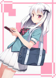 Rule 34 | 1girl, bag, black bow, book, bow, bowtie, breasts, buttons, dutch angle, hair bow, holding, holding book, hyuuga azuri, long hair, looking at viewer, looking to the side, open book, original, plaid, plaid bow, plaid bowtie, plaid neckwear, pleated skirt, red eyes, school bag, school uniform, short sleeves, shoulder bag, silver hair, skirt, solo