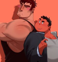 Rule 34 | 2boys, back-to-back, bara, belly, black tank top, blush, brown hair, couple, dark-skinned male, dark skin, fat, fat man, hammond (sensaga), highres, large pectorals, long sideburns, looking at another, male focus, matthew (sensaga), mature male, multiple boys, muscular, muscular male, original, pectorals, sensaga, short hair, shy, sideburns, sidepec, sparse stubble, tank top, thick arms, thick eyebrows, upper body, yaoi