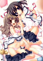 Rule 34 | 2girls, :d, bed, black hair, bow, bow bra, bra, brown hair, camisole, clothes pull, curly hair, feet, flat chest, hair ornament, headband, highres, itou mikoto, koiiro soramoyou, lingerie, long hair, looking at viewer, lucie, lying, multiple girls, nakanishi aiko, navel, no panties, no shoes, on side, open mouth, panties, panty pull, pink bra, pink panties, purple eyes, red eyes, short hair, skirt, skirt pull, smile, strap slip, underwear, undressing, white panties