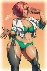 Rule 34 | 1girl, abs, absurdres, angel (kof) (cosplay), bikini, breasts, chaps, cleavage, clothing cutout, cosplay, cropped jacket, crotch cutout, dark-skinned female, dark skin, fingerless gloves, giovanna (guilty gear), gloves, green bikini, guilty gear, guilty gear strive, hair over one eye, highres, jacket, large breasts, midriff, muscular, muscular female, navel, pltnm ghost, red hair, short hair, solo, swimsuit, thighs, underwear, white jacket
