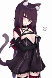 Rule 34 | 1girl, animal ear fluff, animal ears, arknights, breasts, cat ears, cat girl, cat tail, commentary request, cowboy shot, dress, elbow gloves, gloves, highres, kitorakito, long hair, looking at viewer, medium breasts, melantha (arknights), purple dress, purple eyes, purple hair, short dress, simple background, solo, standing, tail, white background
