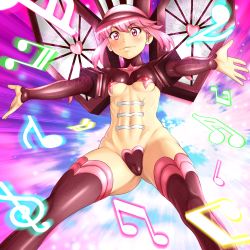 Rule 34 | 10s, 1girl, abs, blush, bodypaint, boots, breasts, c-string, cameltoe, cleft of venus, covered erect nipples, hat, heart maebari, jakuzure nonon, kill la kill, looking at viewer, maebari, muscular, musical note, navel, nike (0306), nipples, pink eyes, pink hair, pussy, revealing clothes, short hair, small breasts, smile, solo, strapless bottom, jakuzure nonon (symphony regalia), thigh boots, thighhighs, toned, underboob