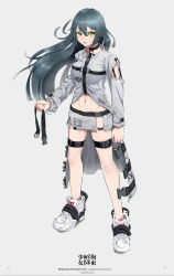 Rule 34 | 1girl, absurdres, angry, arm cutout, belt, buckle, clenched hand, collar, frown, green hair, grey background, highres, holding, long hair, looking at viewer, miniskirt, navel, original, shoes, simple background, skirt, sneakers, solo, straitjacket, taiga (ryukyu-6102-8), thigh strap, v-shaped eyebrows, yellow eyes