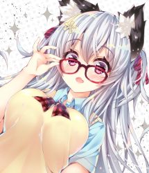 Rule 34 | 1girl, adjusting eyewear, animal ear fluff, animal ears, blue shirt, blush, bow, breasts, cat ears, collared shirt, commentary request, dutch angle, fang, glasses, hair between eyes, hair bow, highres, large breasts, ooji cha, open mouth, original, oziko (ooji cha), plaid, plaid bow, polka dot, polka dot background, red-framed eyewear, red bow, red eyes, shirt, silver hair, solo, sparkle, sweater vest, white background