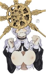 Rule 34 | 2boys, ?, absurdres, apron, blush, breasts, breasts squeezed together, closed mouth, covered face, crossdressing, cum, dark souls (series), dark sun gwyndolin, facial, highres, large breasts, maid, maid apron, male focus, male maid, male with breasts, multiple boys, nipples, paizuri, sweat, trap, zunkome