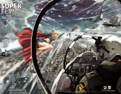 Rule 34 | 1boy, 1girl, 2013, aircraft, airplane, blonde hair, blue eyes, blue shirt, breasts, cape, city, commentary, dc comics, english commentary, fighter jet, helmet, jet, large breasts, looking back, mask, medium hair, military, military vehicle, motion lines, mouth mask, panties, parted lips, pshinobi, red cape, shirt, signature, smile, supergirl, superhero costume, underwear, waving, white panties