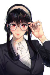 Rule 34 | 1girl, adjusting eyewear, baekmae, bespectacled, black suit, business suit, close-up, closed mouth, collared shirt, earrings, eyelashes, formal, glasses, gold earrings, hair behind ear, hair between eyes, hairband, highres, jewelry, lips, long sleeves, looking at viewer, office lady, parted lips, portrait, red eyes, round eyewear, shirt, short hair with long locks, simple background, smile, solo, spy x family, suit, upper body, white background, white hairband, white shirt, yor briar