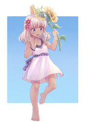 Rule 34 | 1girl, adapted costume, aged down, bad id, bad pixiv id, barefoot, blue eyes, bracelet, bug, butterfly, collarbone, dark-skinned female, dark skin, dress, fingers together, flower, full body, hair flower, hair ornament, hair over shoulder, hands up, highres, holding, holding flower, insect, jewelry, leg up, looking away, no legwear, no shoes, open mouth, sash, short hair, side slit, silver hair, simple background, sleeveless, sleeveless dress, solo, south dakota (warship girls r), staring, sundress, sunflower, teeth, toes, triangle print, ululan, warship girls r, white dress