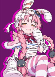 1girl animal_hood bandages bow bowtie braid button_eyes buttons capelet evil_smile hair_ornament hood long_hair mimi_(halloween)_(princess_connect!) mimi_(princess_connect!) niwa_so_ji pink_capelet pink_hair princess_connect! purple_background rabbit_hair_ornament rabbit_hood smile solo striped_clothes striped_thighhighs thighhighs twin_braids yellow_eyes