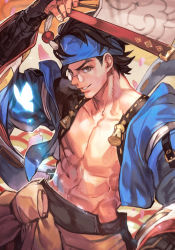 Rule 34 | 1boy, arc system works, arm guards, brown hair, collarbone, dual wielding, glasses, guilty gear, guilty gear strive, hand fan, headband, holding, hungry clicker, jacket, japanese clothes, looking at viewer, male focus, mito anji, muscular, muscular male, short hair, smile, solo, traditional media, weapon
