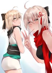Rule 34 | 2girls, ahoge, bare arms, bare shoulders, black bow, black kimono, black scarf, blonde hair, blue background, blush, bow, brown eyes, brown hair, commentary request, dark-skinned female, dark skin, fate/grand order, fate (series), gradient background, hair between eyes, hair bow, hair ornament, hand up, japanese clothes, kimono, koha-ace, mouth hold, multiple girls, obi, okita souji (fate), okita souji (koha-ace), okita souji alter (fate), okita souji alter (first ascension) (fate), parted lips, red scarf, sash, scarf, short kimono, sleeveless, sleeveless kimono, tassel, v-shaped eyebrows, w, white background, white kimono, yuki maccha (yukimattya10)