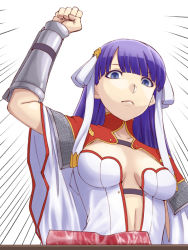 Rule 34 | 1girl, arm up, black eyes, blunt bangs, breasts, breasts apart, cleavage, clenched hand, fate/grand order, fate (series), food, frown, ishii hisao, long hair, martha (fate), meat, navel, purple hair, solo