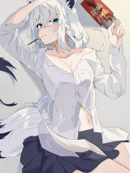 Rule 34 | 1girl, absurdres, animal ears, aqua eyes, black skirt, black tail, blush, breasts, cleavage, closed mouth, collarbone, extra ears, food, fox ears, fox girl, fox tail, gabuchi, hair between eyes, hand on own head, highres, hololive, large breasts, long hair, long sleeves, looking at viewer, lying, navel, off shoulder, on back, partially unbuttoned, pleated skirt, pocky, pocky day, shirakami fubuki, shirakami fubuki (street), shirt, sidelocks, single bare shoulder, skirt, solo, tail, virtual youtuber, white hair, white shirt, white tail