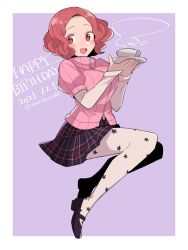 Rule 34 | 1girl, black footwear, blush, brown eyes, brown hair, commentary request, cup, dated, do m kaeru, english text, forehead, happy birthday, holding, holding plate, layered sleeves, loafers, long sleeves, looking at viewer, miniskirt, okumura haru, open mouth, pantyhose, persona, persona 5, pink sweater, plaid, plaid skirt, plate, pleated skirt, print pantyhose, puffy short sleeves, puffy sleeves, school uniform, shoes, short hair, short over long sleeves, short sleeves, shuujin academy school uniform, sitting, skirt, smile, solo, sweater, teacup, tongue, turtleneck, turtleneck sweater, twitter username, white pantyhose, white sleeves, zipper