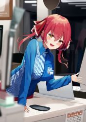 Rule 34 | 1girl, absurdres, alternate costume, blue shirt, blurry, blush, collared shirt, cowboy shot, depth of field, employee uniform, hair ribbon, heterochromia, highres, hololive, houshou marine, igayan, lawson, long hair, long sleeves, looking at viewer, name tag, open hand, red eyes, red hair, red ribbon, red skirt, ribbon, shirt, skirt, smile, solo, spread fingers, store clerk, striped clothes, striped shirt, twintails, uniform, vertical-striped clothes, vertical-striped shirt, virtual youtuber, yellow eyes