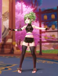 Rule 34 | 1girl, 3d background, absurdres, blurry, commentary, depth of field, english commentary, fingerless gloves, full body, genshin impact, gloves, green hair, hair between eyes, highres, hoop, hula hoop, kuki shinobu, long hair, looking at viewer, luizhtx, navel, ninja, outstretched arms, ponytail, purple eyes, sidelocks, sleeveless, solo, spread arms, standing, stirrup legwear, stomach, thighhighs, toeless legwear, zettai ryouiki