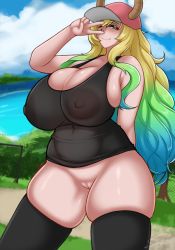 Rule 34 | 1girl, bare shoulders, baseball cap, black thighhighs, blonde hair, blue hair, bottomless, breasts, cleavage, covered erect nipples, curvy, dragon girl, dragon horns, green hair, hat, highres, horns, huge breasts, kobayashi-san chi no maidragon, long hair, looking at viewer, lucoa (maidragon), one eye closed, pussy, see-through, sky, sleeveless, solo, sorenstar, tank top, thick thighs, thighhighs, thighs, uncensored, v, wide hips, wink