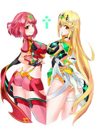 Rule 34 | 2girls, blonde hair, breast press, breasts, highres, large breasts, long hair, miniskirt, multiple girls, mythra (xenoblade), panties, panty pull, pantyshot, pyra (xenoblade), red eyes, red hair, short hair, skindentation, skirt, symmetrical docking, tim (a9243190a), underwear, xenoblade chronicles (series), xenoblade chronicles 2, yellow eyes