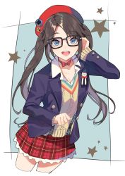 Rule 34 | 1girl, animal print, badge, black hair, blue eyes, blue jacket, breasts, button badge, buttons, cat print, choker, cleavage, frilled skirt, frills, glasses, idolmaster, idolmaster shiny colors, imtyousei, jacket, long hair, mitsumine yuika, open mouth, plaid, plaid skirt, red headwear, red skirt, ribbon choker, skirt, smile, solo, star (symbol), suspender skirt, suspenders, sweater, twintails