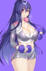 Rule 34 | 1girl, abs, action taimanin, akiyama rinko, blue hair, breasts, cleavage, commission, dumbbell, exercising, gym, highres, j.moon, large breasts, looking at viewer, midriff, ponytail, purple eyes, short shorts, shorts, solo, sports bra, sweat, taimanin (series), taimanin yukikaze, tight clothes, weightlifting, weights