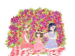Rule 34 | 3girls, aerith gainsborough, alternate costume, barefoot, blue dress, blunt bangs, border, braid, braided ponytail, brain buster, cake, child, closed eyes, closed mouth, crescent, crescent earrings, cup, dress, earrings, final fantasy, final fantasy vii, final fantasy vii rebirth, final fantasy vii remake, floral background, floral print, floral print dress, flower, food, hair flower, hair ornament, hair ribbon, head wreath, holding, holding cup, jewelry, kneeling, long hair, marlene wallace, multiple girls, open mouth, own hands together, parted bangs, picnic, picnic blanket, pink dress, pink ribbon, pouring, print dress, red eyes, ribbon, short hair, short sleeves, sidelocks, single braid, smile, strawberry shortcake, swept bangs, tifa lockhart, v arms, white border