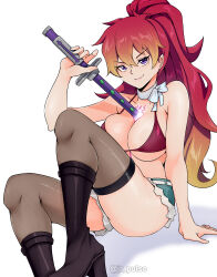 Rule 34 | 1girl, absurdres, ao no exorcist, arm support, bikini, bikini top only, black footwear, black thighhighs, blonde hair, boots, breasts, cleavage, denim, denim shorts, drawing sword, gradient background, hair between eyes, highres, holding, holding sword, holding weapon, human scabbard, jrpulse, katana, kirigakure shura, knee boots, large breasts, long hair, multicolored hair, paid reward available, ponytail, purple eyes, red bikini, red hair, shorts, sitting, smile, solo, swimsuit, sword, tattoo, thighhighs, thighs, weapon, white background