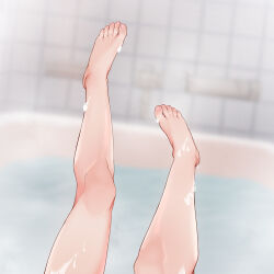 Rule 34 | 1girl, bare legs, barefoot, bathing, bathroom, bathtub, blue archive, blurry, blurry background, commentary, commentary request, ecchi-o, english commentary, feet, foot focus, highres, indoors, legs, legs up, lower body, mixed-language commentary, nail polish, pink nails, serika (blue archive), solo, suggestive fluid, toenail polish, toenails, toes