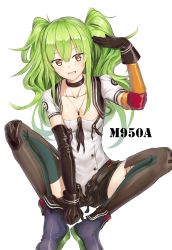Rule 34 | 1girl, :d, absurdres, between legs, black gloves, black shorts, black thighhighs, blush, boots, breasts, brown eyes, character name, choker, cleavage, clenched hand, collarbone, girls&#039; frontline, gloves, green hair, hair between eyes, hand between legs, head tilt, highres, knee pads, ky (ky990533), long hair, looking at viewer, m950a (girls&#039; frontline), medium breasts, open mouth, shirt, short sleeves, shorts, sitting, sketch, smile, solo, thighhighs, twintails, unbuttoned, very long hair, white background, white shirt