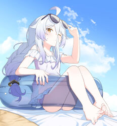 Rule 34 | 1girl, absurdres, ahoge, barefoot, beach, beach towel, blue sky, blush, braid, braided ponytail, breasts, cloud, cloudy sky, collarbone, commentary request, eyewear on head, feet, full body, gradient hair, grey hair, hair between eyes, hand up, henya the genius, highres, innertube, korean commentary, legs, legs together, long bangs, long hair, looking at viewer, mixed-language commentary, multicolored hair, nail polish, on innertube, one eye closed, outdoors, pink nails, purple hair, see-through, see-through shirt, short sleeves, sitting, sky, small breasts, solo, spread toes, sunglasses, swim ring, swimsuit, toenail polish, toenails, toes, towel, ugaaaa1, virtual youtuber, vshojo, yellow eyes