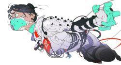 Rule 34 | 1girl, animification, apex legends, black hair, blue eyes, breasts, cable, floating hair, hair behind ear, hair bun, highres, leaning back, mask, medium breasts, mouth mask, official alternate costume, quarantine 722 wraith, single hair bun, solo, white background, wraith (apex legends), yoneyama mai