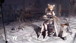Rule 34 | 1girl, animal ears, arknights, black dress, black socks, boots, breasts, brown hair, cleavage, closed mouth, clothes rack, company name, computer, copyright notice, desk, dorothy (arknights), dress, gloves, highres, holding, holding pen, hourglass, indoors, infection monitor (arknights), lab coat, lamp, machinery, microscope, mouse ears, mouse girl, mouse tail, official art, orange eyes, paper, pen, shadow, short hair, shuiyaoximushi, single glove, sitting, sleeveless, sleeveless dress, small breasts, socks, solo, stairs, stool, tail, white footwear