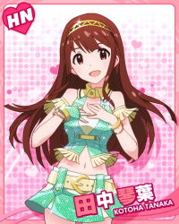 Rule 34 | 10s, 1girl, :d, armlet, belt, bracelet, brown eyes, brown hair, character name, female focus, fingerless gloves, gloves, hairband, heart, idolmaster, idolmaster million live!, jewelry, kawakami tetsuya, long hair, looking at viewer, lots of jewelry, midriff, navel, official art, open mouth, pink background, single glove, skirt, smile, solo, tanaka kotoha