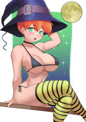 1girl absurdres breasts creatures_(company) eye_contact game_freak gen_1_pokemon gez1313 green_eyes halloween halloween_costume hat highres large_breasts looking_at_another looking_at_viewer misty_(pokemon) nintendo open_mouth orange_hair pokemon pokemon_rgby short_hair sitting solo thighhighs thong witch_hat