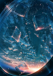 Rule 34 | above clouds, cloud, cola (gotouryouta), commentary request, earth (planet), highres, ice, ice cube, no humans, original, paid reward available, planet, porthole, scenery, space, sunlight, tagme, water