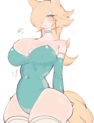 Rule 34 | 1girl, alternate breast size, animal ears, blonde hair, blue eyes, blush, breasts, choker, cleavage, crown, earrings, embarrassed, fox ears, fox girl, fox tail, hair over one eye, highres, huge breasts, jewelry, large breasts, leotard, looking at viewer, mario (series), nintendo, playboy bunny, rosalina, sideboob, super mario galaxy, tail, thick thighs, thighhighs, thighs, usa37107692, wide hips