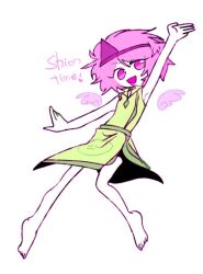 Rule 34 | 1other, androgynous, arm up, barefoot, character name, chinese commentary, colored skin, commentary request, detached wings, dress, english text, full body, green dress, len&#039;en, ling s, no nose, open mouth, other focus, pink eyes, pink hair, pink wings, shion (len&#039;en), short hair, simple background, sleeveless, sleeveless dress, smile, solo, triangular headpiece, white background, white skin, wings