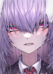 Rule 34 | 1girl, 33 gaff, animal ears, blazer, collared shirt, hair over eyes, imperishable night, jacket, necktie, purple hair, rain, red eyes, red necktie, reisen udongein inaba, shirt, solo, tears, touhou, wet, wet clothes, wet hair