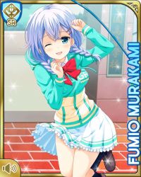 Rule 34 | 1girl, aqua eyes, blue jacket, bow, braid, brown footwear, card (medium), city, day, dress, front braid, girlfriend (kari), hair ornament, hair over shoulder, hairclip, jacket, jump rope, jumping, long hair, looking at viewer, murakami fumio, official art, one eye closed, open mouth, outdoors, qp:flapper, red bow, shoes, smile, solo, sunlight, tagme, twin braids, white dress