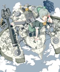 Rule 34 | 10s, 1girl, bad id, bad pixiv id, blunt bangs, bow, camouflage, from above, gatling gun, green hair, grey background, grey pantyhose, gun, hair bow, hand in own hair, hover vehicle, kantai collection, long hair, looking at viewer, machinery, missile pod, neckerchief, ninimo nimo, pantyhose, ponytail, sailor collar, school uniform, serafuku, short sleeves, simple background, smile, smoke, solo, steam, tail, weapon, wristband, yellow eyes, yuubari (kancolle)