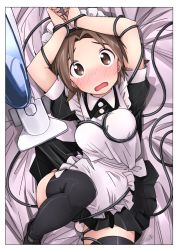 Rule 34 | 1girl, alternate costume, apron, arms up, artist name, bed sheet, black border, black dress, black footwear, black thighhighs, blush, border, bound, brown eyes, brown hair, collared dress, commentary request, dated, dress, enmaided, fanta (the banana pistols), frilled apron, frills, from above, frown, girls und panzer, highres, leg up, looking at viewer, lying, maid, maid apron, maid headdress, mary janes, on back, on bed, open mouth, parted bangs, pleated dress, puffy short sleeves, puffy sleeves, sawa azusa, shoes, short dress, short hair, short sleeves, signature, solo, tangle, thighhighs, vacuum cleaner, white apron