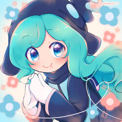 Rule 34 | 1boy, androgynous, aqua hair, artist name, black headwear, blue eyes, blue flower, blush, closed mouth, colored eyelashes, curly hair, drooling, ecolo (puyopuyo), eyes visible through hair, flower, gloves, heart, heart in eye, long hair, long sleeves, looking at viewer, male focus, pink flower, puyopuyo, screentones, shinonome pinano, sideways glance, simple background, smile, solo, symbol in eye, twitter username, unusual ecolo, upper body, white gloves