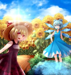 Rule 34 | 2girls, :d, adapted costume, backlighting, bare arms, bare shoulders, blood, blue bow, blue dress, blue eyes, blue hair, bow, bridge, cirno, day, dress, field, flower, flower field, food, food in mouth, hair bow, hand on own hip, hat, hat ribbon, ice, ice wings, looking at viewer, multiple girls, open mouth, partially submerged, pool, popsicle, red eyes, red ribbon, ribbon, rumia, sakizaki saki-p, short hair, smile, sun hat, sundress, sunflower, sunflower field, sunlight, touhou, wading, wings